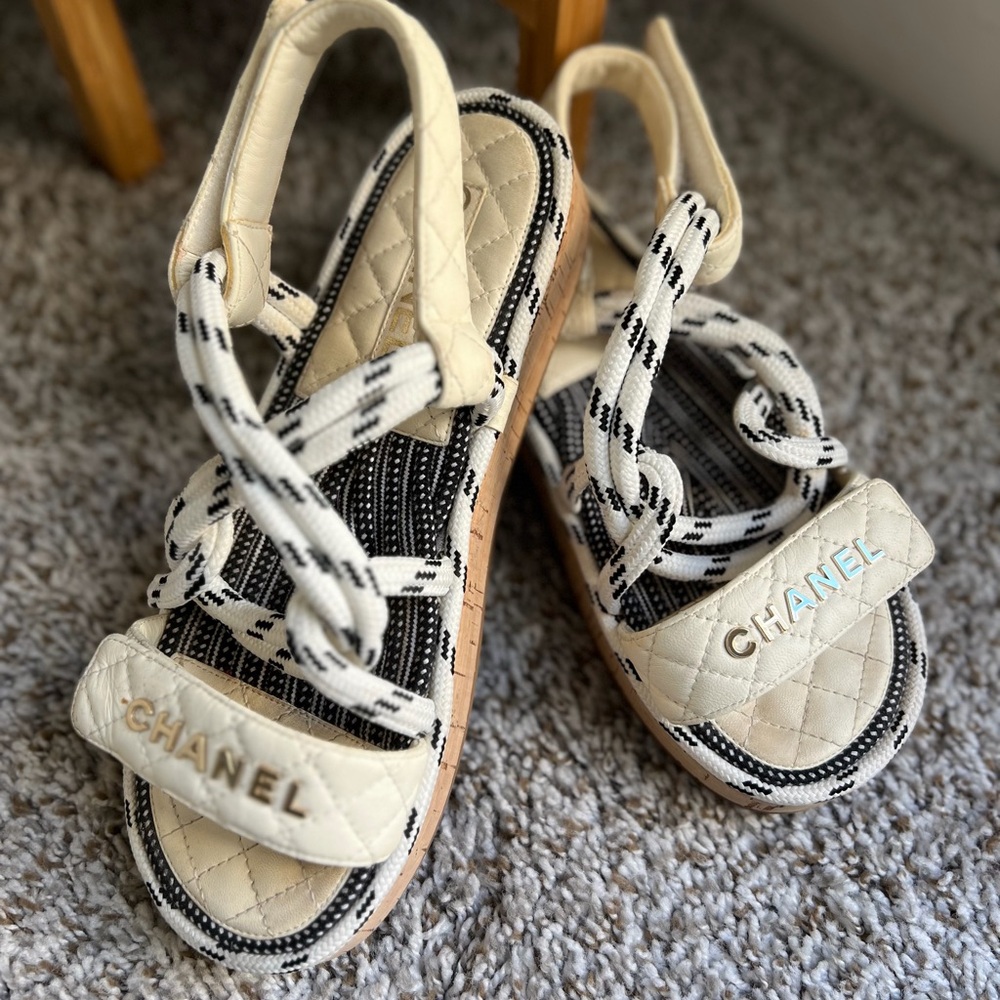 CHANEL Quilted Cream and Black Sandals